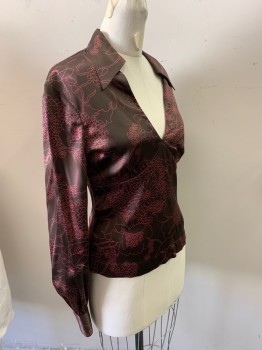 Womens, Top, TRINA TURK, Brown, Pink, Silk, Lycra, Floral, S, Long Sleeves, V-neck, Empire Waist, Collar Attached, Side Zip