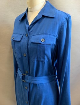 Womens, Dress, Long & 3/4 Sleeve, ANNE KLEIN, Dk Blue, Lyocell, Solid, Sz.6, Long Sleeves, Button Front, Shirt Dress, Collar Attached, 2 Patch Pockets with Flap and Button Closures, Knee Length, Belt Loops, **With Matching Fabric Belt with D-Ring Buckle