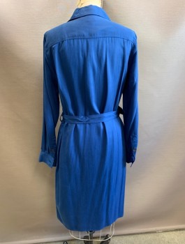 Womens, Dress, Long & 3/4 Sleeve, ANNE KLEIN, Dk Blue, Lyocell, Solid, Sz.6, Long Sleeves, Button Front, Shirt Dress, Collar Attached, 2 Patch Pockets with Flap and Button Closures, Knee Length, Belt Loops, **With Matching Fabric Belt with D-Ring Buckle