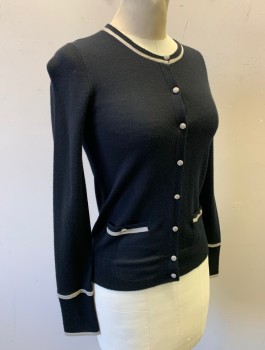 J CREW, Black, Putty/Khaki Gray, Wool, Silk, Solid, Knit, Gray Silk Edging/Trim, Round Neck, Silk Covered Buttons at Front, 2 Small Welt Pockets with 1 Button Closure, 4 Buttons at Wrists