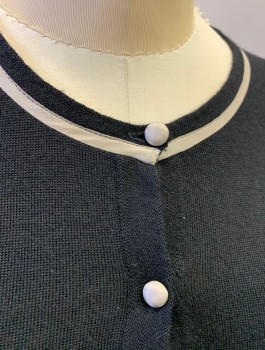 Womens, Sweater, J CREW, Black, Putty/Khaki Gray, Wool, Silk, Solid, XS, Knit, Gray Silk Edging/Trim, Round Neck, Silk Covered Buttons at Front, 2 Small Welt Pockets with 1 Button Closure, 4 Buttons at Wrists