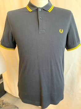 FRED PERRY, Black, Cotton, Solid, Short Sleeves, Golden Yellow Trim, Collar Attached, 2 Buttons,Yellow Embroidered Logo, Multiples