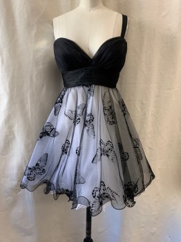 Womens, Cocktail Dress, JOVANI, Black, White, Polyester, Color Blocking, W:24, B:32, Deep Sweetheart Neckline, One Shoulder Strap, Black Diagonal Pleated Bust, Horizontal Pleated Waist, White Tulle Under Skirt, Black Tulle Over Lay with Black Velvet Butterflies, Fit & Flare, Zip Back