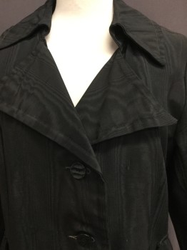 Womens, Coat 1890s-1910s, N/L, Black, Silk, Solid, Moire, B:38, Faille, 4 Buttons, Pointed 2 Part Lapel, 2 Faux Pocket Flaps, Wide Belted Back with Buttons,