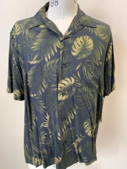 Mens, Casual Shirt, VINCE, Midnight Blue, Moss Green, Khaki Brown, Viscose, Tropical , Leaves/Vines , M, Short Sleeves, Button Front, Collar Attached, 2 Pocket,