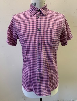 Mens, Casual Shirt, MARC BY MARC JACOBS, Lt Pink, Navy Blue, Hot Pink, Cotton, Polyamide, Check , S, Short Sleeves, Button Front, Collar Attached, 1 Patch Pocket