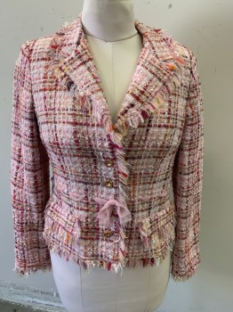 Womens, Blazer, TERI JON, Pink, Multi-color, Cotton, Plaid-  Windowpane, 10, Tweed Bouclé Fabric, Notched Lapel, 4 Golden Buttons, 2 Pockets, Hand Picked Stitching with Light Pink Ribbon at Waist and Sleeves