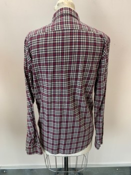 THEORY, Red Burgundy, Navy Blue, Beige, Brown, Cotton, Plaid, C.A., B.F., L/S