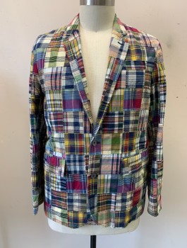 Mens, Sportcoat/Blazer, POLO RALPH LAUREN, Navy Blue, Ivory White, Red Burgundy, Green, Yellow, Cotton, Plaid, XL, Quilted, Notched Lapel, Single Breasted, Button Front, 2 Buttons, 3 Pockets