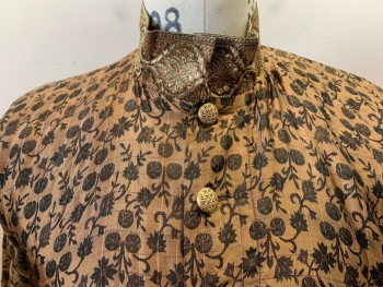 Mens, Historical Fiction Shirt, MTO, Bronze Metallic, Black, Gold, Silk, Floral, C36-38, Button Front Gold Buttons, Ribbon Stand Collar, L/S, Prince Valient
