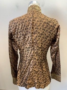 Mens, Historical Fiction Shirt, MTO, Bronze Metallic, Black, Gold, Silk, Floral, C36-38, Button Front Gold Buttons, Ribbon Stand Collar, L/S, Prince Valient