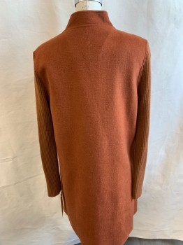 KENNETH COLE, Brown, Wool, Acrylic, Solid, Snap Front, Collar Attached, 2 Pockets, Wool Body with Rib Knit Sleeves, 3/4 Length