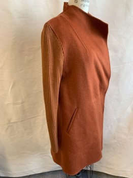 KENNETH COLE, Brown, Wool, Acrylic, Solid, Snap Front, Collar Attached, 2 Pockets, Wool Body with Rib Knit Sleeves, 3/4 Length