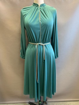 BLEEKER STREET, Sea Foam Green, Polyester, Solid, Satin-y Stretch, Beige Piping Accents, Long Raglan Sleeves, Stand Collar, Keyhole At Neck, Elastic Waist, **With 2 Matching Belts - Thin Fabric Cord, One Is Beige, One Is Seafoam**