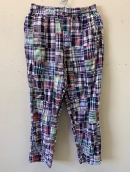 Womens, Pants, URBAN OUTFITTERS, Multi-color, Cotton, M, Madras Patchwork Plaid, Elastic Waist, Tapered Leg, 4 Pockets