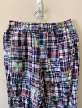 URBAN OUTFITTERS, Multi-color, Cotton, Madras Patchwork Plaid, Elastic Waist, Tapered Leg, 4 Pockets