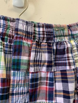 URBAN OUTFITTERS, Multi-color, Cotton, Madras Patchwork Plaid, Elastic Waist, Tapered Leg, 4 Pockets