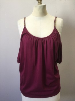 JESSICA SIMPSON, Magenta Purple, Polyester, Rayon, Solid, Gathered Scoop Neck, Beaded Spaghetti Straps, Gathered Raglan S/S, Cut-out Shoulders, Hem Lower in Back