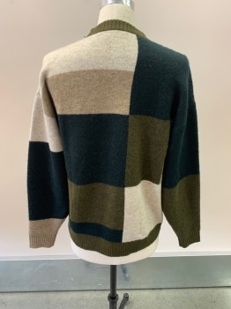 Mens, Pullover Sweater, ZARA, Khaki Brown, Beige, Olive Green, Black, Polyester, Acrylic, Color Blocking, M, CN, L/S, Rib Knit Collar/Cuffs And Waistband,