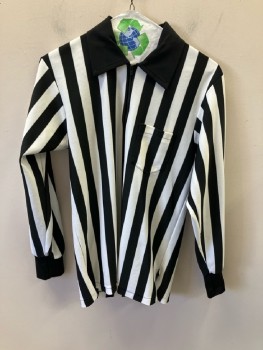 BIKE, Black, White, Polyester, Stripes - Vertical , Pullover, L/S, Solid Black Collar Attached, Zip at Center Front Neck, 1 Patch Pocket, Vents At Side Seams, Black Cuffs