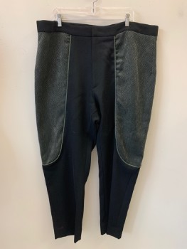Mens, Sci-Fi/Fantasy Pants, NO LABEL, Black, Dk Green, Sage Green, Polyester, Cotton, Color Blocking, 44/30, F.F, Green Piping Detail, Velvet Textured, Zip Front, Made To Order