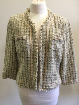 Womens, Blazer, TRUE MEANING, Gold, Black, White, Synthetic, Plaid, M, Open Front, Frayed Hem, 2 Pockets with Self Bows, Small Taupe Grosgrain Ribbon Trim, Boucle,