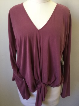 ASTR, Maroon Red, Modal, Polyester, Solid, Faded Maroon, Deep V-neck, Long Sleeves, with Self Tie  Knot Front Center Hem