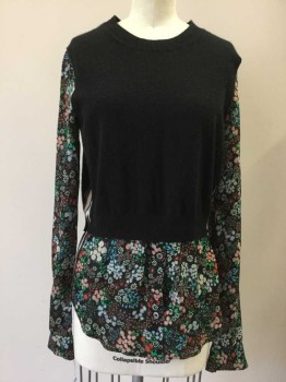VERONICA BEARD, Black, Lt Gray, Red, Green, Blue, Cashmere, Silk, Floral, Stripes, Black Cashmere Top With Floral Print Long Sleeves, Stripped Sides, Crew Neck,