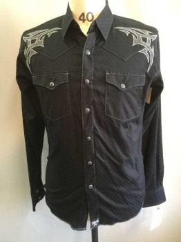 ROCK 47, Black, Gray, Cotton, Check , Snap Front. 2 Flap Pockets, Western Yoke, Collar Attached, Long Sleeves, Gray Abstract Embroidery On Front/Back Yoke