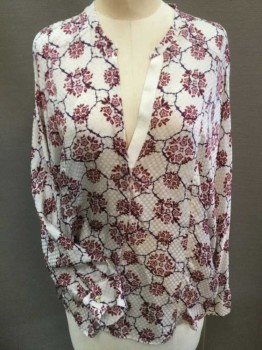 ZADIG & VOLTAIRE, Cream, Wine Red, Purple, Silk, Geometric, Floral, Circle Cream  W/cluster Wine Floral & Honeycomb Purple Wire Print, Stand V-neck, Long Sleeves W/gold Skull Button @ Cuffs
