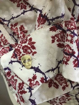 ZADIG & VOLTAIRE, Cream, Wine Red, Purple, Silk, Geometric, Floral, Circle Cream  W/cluster Wine Floral & Honeycomb Purple Wire Print, Stand V-neck, Long Sleeves W/gold Skull Button @ Cuffs