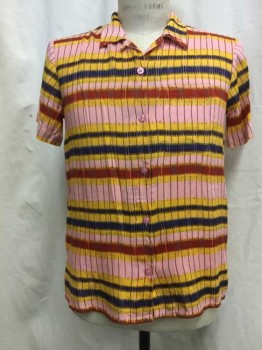URBAN OUTFITTERS, Pink, Yellow, Navy Blue, Red, Brown, Cotton, Synthetic, Stripes, Novelty Pattern, Pink/ Yellow/ Navy/ Red/ Brown Novelty Stripes, Button Front, Open Collar Attached, Short Sleeves, 1 Pocket,