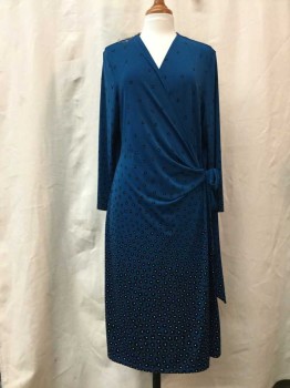 Womens, Dress, Long & 3/4 Sleeve, ANNE KLEIN, Teal Blue, Black, White, Synthetic, Floral, XL, Teal Blue, Black/white Floral Print, Cross Over & Gathered at Waist, 3/4 Sleeves, V-neck,