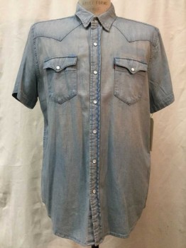 LEVI'S, Dusty Blue, Cotton, Solid, Dusty Blue Chambray, Snap Front, Collar Attached, Short Sleeves, 2 Flap Pockets