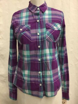 Mossimo, Purple, Sea Foam Green, White, Slate Blue, Cotton, Plaid, Button Front, Collar Attached,  Long Sleeves, 2 Flap Pockets