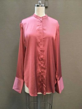 H & M, Rose Pink, Polyester, Solid, Charmeuse, Collar Band, Hidden Button Front, Long Sleeves,