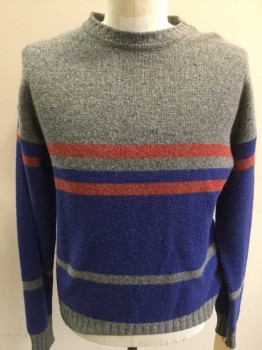 Mens, Pullover Sweater, RAF By RAF SIMONS, Gray, Red, Blue, Wool, Stripes, L, Crew Neck, Long Sleeves, Gray Flecked with Blue and Yellow