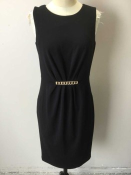 Womens, Evening Gown, CALVIN KLEIN, Black, Gold, Polyester, Synthetic, Solid, 4, Black, Round Neck,  Gather Front Center at Waist W/gold Rectangle Bar, Seams Work at Waist Line, Sleeveless, Zip Back,