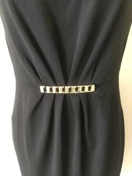 Womens, Evening Gown, CALVIN KLEIN, Black, Gold, Polyester, Synthetic, Solid, 4, Black, Round Neck,  Gather Front Center at Waist W/gold Rectangle Bar, Seams Work at Waist Line, Sleeveless, Zip Back,