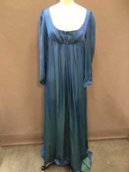 N/L, Dk Blue, Silk, Solid, Reproduction Early 1800's/Regency, Silk Chiffon, Rounded Square Neck with Drawstring Panel with Ties at Center Front, Elastic Empire Waist, 1" Wide Cuffs with No Button, Floor Length Hem