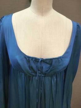 Womens, Historical Fiction Dress, N/L, Dk Blue, Silk, Solid, B:32, Reproduction Early 1800's/Regency, Silk Chiffon, Rounded Square Neck with Drawstring Panel with Ties at Center Front, Elastic Empire Waist, 1" Wide Cuffs with No Button, Floor Length Hem