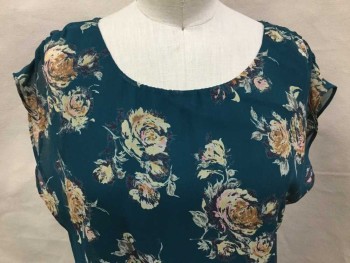 LUSH, Teal Green, Beige, Lt Pink, Dk Gray, Lt Olive Grn, Polyester, Floral, Sheer Roses Print W/green Lining, Round Neck,  Cut-off Short Sleeves, Elastic Gathered Waist, Key Hole Back W/1 Button