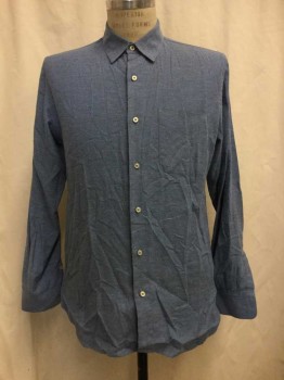 Mens, Casual Shirt, BARNEYS NEWYORK, Blue, Multi-color, Cotton, Polyester, Heathered, Speckled, M, Heather Blue with Multi Color Speckle, Button Front, Collar Attached, Long Sleeves,