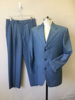 Mens, Suit, Jacket, FERRECCI, Lt Blue, Wool, Heathered, 42R, 3 Button Single Breasted, 1 Welt Pocket, 2 Pockets with Flaps, No Slit