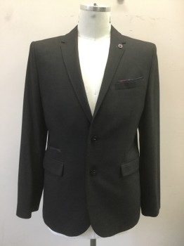 Mens, Sportcoat/Blazer, TED BAKER, Charcoal Gray, Wool, Birds Eye Weave, 42R, Single Breasted, Collar Attached, Notched Lapel, Hand Picked Collar/Lapel, 4 Pockets, Faux Navy/burgundy Pocket Square, Multi Color Flower on An Easel Silk Lining