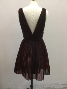 Womens, Cocktail Dress, ABS, Black, Iridescent Red, Polyester, Solid, 4, Iridescent. Shot Black & Red Poly Knit. Deep V.neck Front and Back, Sleeveless. Knife Pleated Skirt, Sash at Waist, Zipper Center Back,