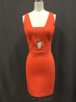 Womens, Cocktail Dress, TOP SHOP, Orange, Polyester, Solid, 4, Squared Off V-neck, Sleeveless, , Back Zipper, Peekaboo Center Front, and Back Waist, Body Contour, Thick Knit