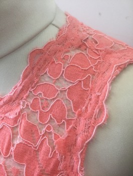 Womens, Cocktail Dress, VINCE CAMUTO, Salmon Pink, Nylon, Cotton, Floral, Sz.8, Salmon Floral Lace Over Opaque Beige Underlayer, Sleeveless, Round Neck, Sheer Shoulders/Upper Chest, Knee Length Sheath