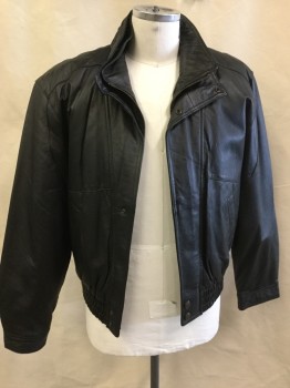 Mens, Leather Jacket, 23 RD ST., Black, Leather, Solid, L, Black with Black Lining, Double Layer Collar Attached, Zip & Snap Front, Long Sleeves, 2 Slant Pockets, Elastic Gathered Hem