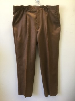 VITALI, Brown, Viscose, Polyester, Solid, Sharkskin Weave, Single Pleated, Button Tab Waist, Zip Fly, 4 Pockets, Straight Leg, 90's/00's